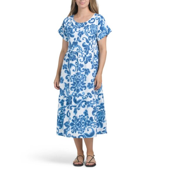 LA PICCOLA CREATIVA Italy Linen Blend Short Sleeve Floral Midi Dress - Picture 1 of 2